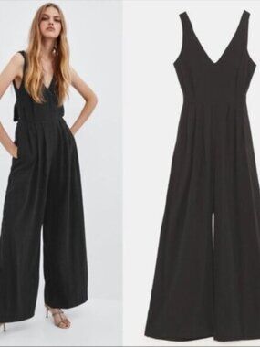Zara (S) Classy Black Wide Leg V Neck Sleeveless Jumpsuit With Open Tie Back